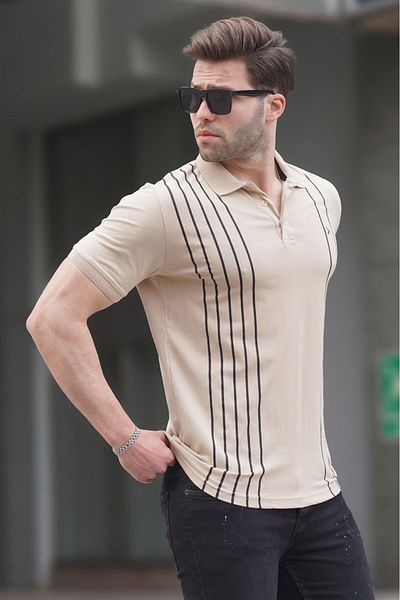 Madmext Béžový pruhovaný polo límec s krátkým rukávem pánské Tsihrt 5822