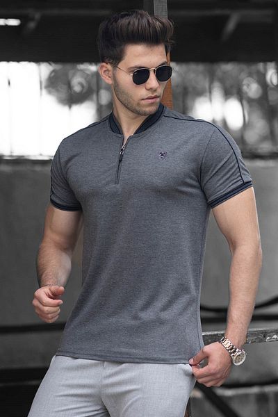 Madmext Anthrazitfarbenes Herren-T-Shirt mit Polokragen 9281