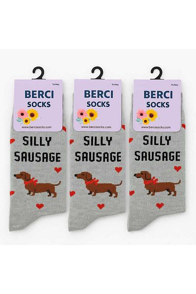 BS Parıltı Gray Dog Patterned Red Heart Patterned Cotton Socks Set (3 Pieces)