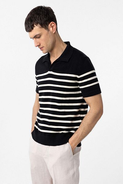 Antioch Black/Ecru Polo Neck Striped Men's Knitwear T-Shirt