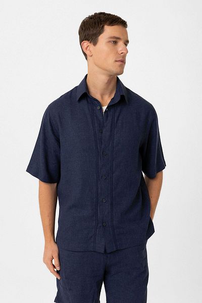 Antioch Navy Blue Linen Blended Relaxed Men's Shirt