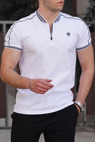 Madmext Tricou alb cu gât polo pentru bărbați 9281