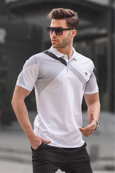 Madmext Weißes gemustertes Herren-T-Shirt mit Polokragen 6081