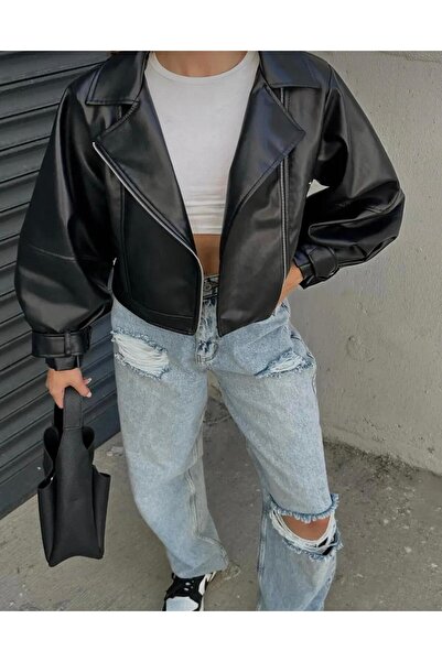 DİMMİ WOMEN Шкіряна байкерська куртка з повітряним рукавом чорна