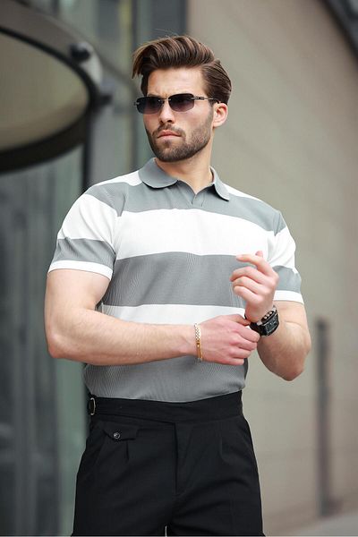 Madmext Tricou alb cu guler polo cu dungi pentru bărbați E7411
