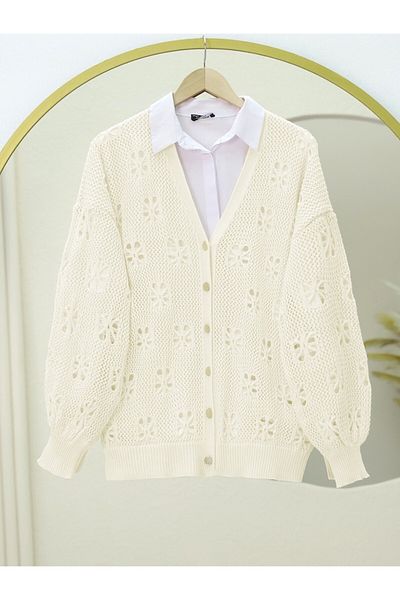 Modamorfo Buttoned Openwork Araboy Knitwear Cardigan - Ecru
