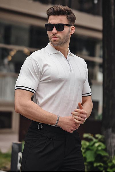 Madmext Weißes Herren-T-Shirt mit Rollkragen und Reißverschluss 6876