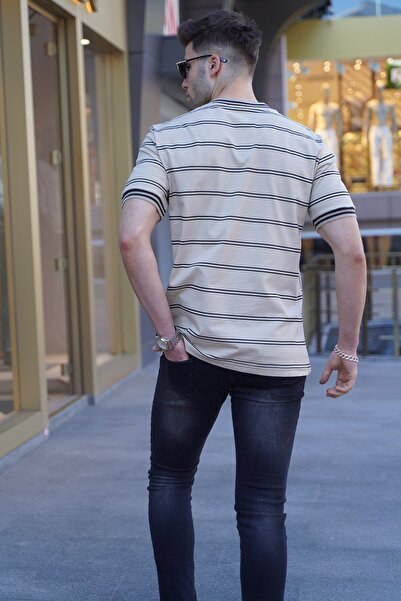 Madmext Béžové pruhované pánské tričko Polo límeček 5874