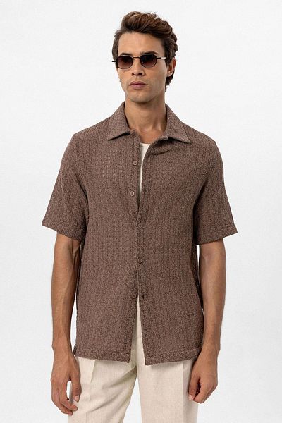 Antioch Brown Textured Crochet Men's Shirt