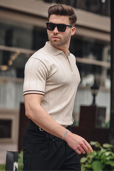 Madmext Steinfarbenes Herren-T-Shirt mit Polokragen und Reißverschluss - 6876