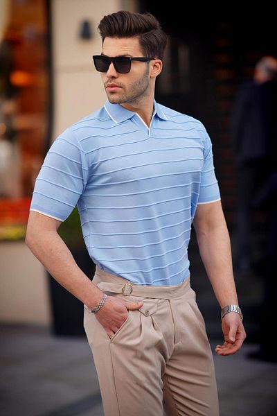 Madmext Pánské tričko Baby Blue Polo Neck 6894