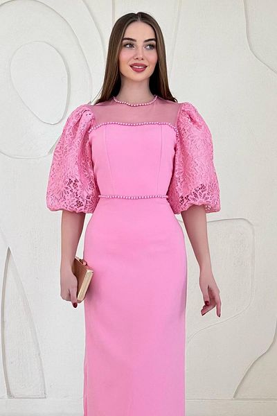 Elbee Fashion Woman Rochie cu mâneci din dantelă cu detalii de perle