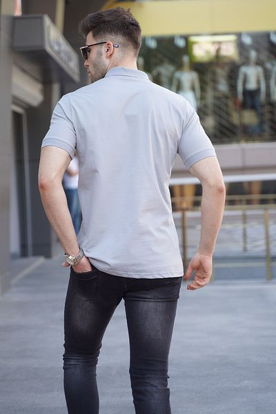 Madmext Grau gestreiftes Herren-T-Shirt mit Polokragen 5864