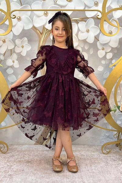 ABİYEKİDS Butterfly Patterned Tailed Children's Evening Dress Aged 6/9 Aby211