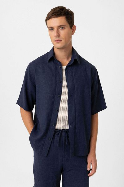 Antioch Navy Blue Linen Blended Relaxed Men's Shirt