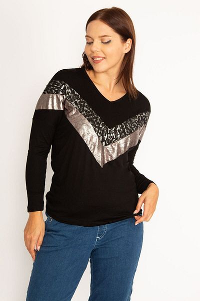 Şans Women's Large Size Black Lame Front V-Neck Blouse 65n34483