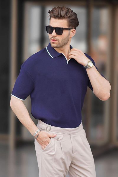 Madmext Polokragen Marineblaues Strick-T-Shirt für Herren - Kurzarm 6900