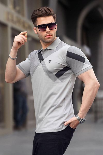 Madmext Grau lackiertes gemustertes Herren-T-Shirt mit Polokragen 6081