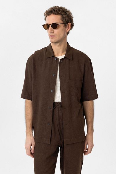 Antioch Brown Linen Blended Short Sleeve Men's Shirt