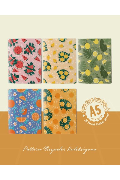 POSTERİFY Pattern Fruits Collection - A5 Staple Stitched 5 Pieces Fruit Themed Notebook - 14,5X20,5 cm