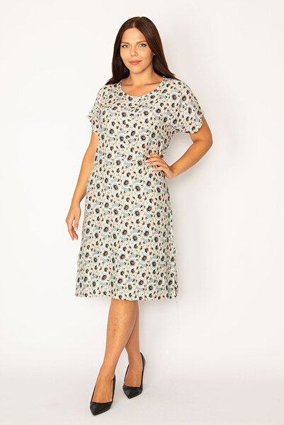 Şans Women's Large Size Gray Front Half Patch Buttoned Waist Belted Woven Viscose Fabric Dress 65n34325