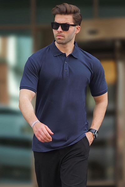 Madmext Herren Polo Neck Overfit T-Shirt 7029 - Kurzarm, Marineblau