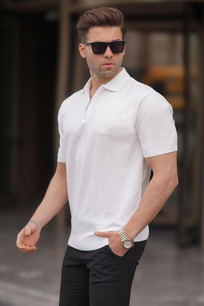Madmext Weißes Strick-T-Shirt mit Polokragen und Reißverschluss 6885