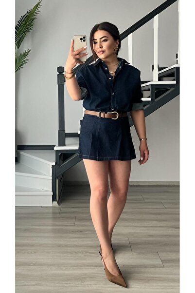 Oslove Denim Piliseli Şort Etek