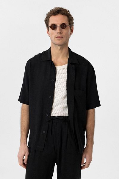 Antioch Black Linen Blend Short Sleeve Men's Shirt