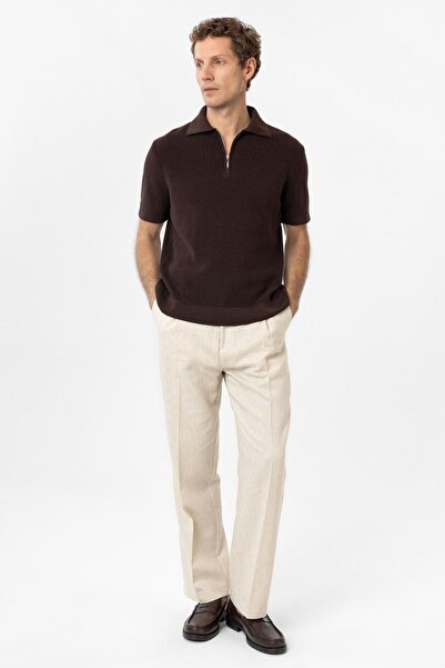 Antioch Brown Zippered Woven Men's Polo Neck Knitwear T-Shirt