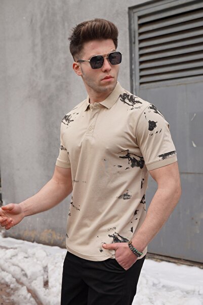 Madmext Polo Collar Patterned Beige Men's T-Shirt