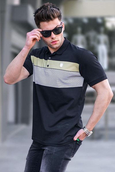 Madmext Schwarz gestreiftes Herren-T-Shirt mit Polokragen 5864