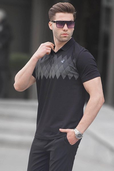 Madmext Černé vzorované pánské tričko Polo límeček 6106