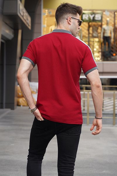 Madmext Weinrotes T-Shirt mit gestreiftem Polokragen und Ärmeln 5888