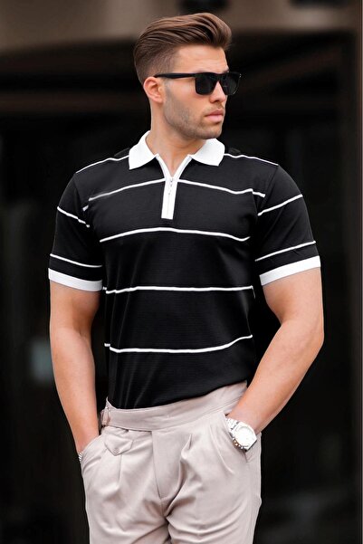 Madmext Siyah Çizgili Polo Yaka Fermuarlı Tişört 6898