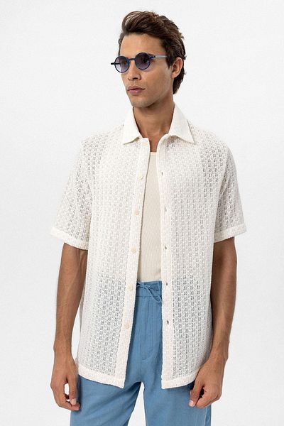 Antioch Ecru Textured Crochet Men's Shirt