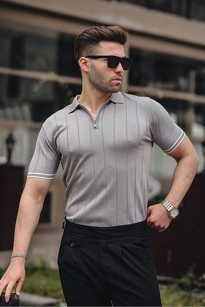 Madmext Graues Herren-T-Shirt mit Polokragen und Reißverschluss 6876