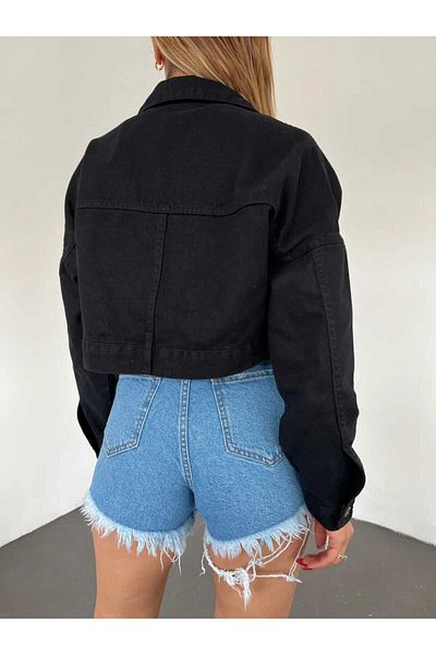Zeliza Moda Evi Women's Zipper Closure Double Pocket Crop Jeans Jacket