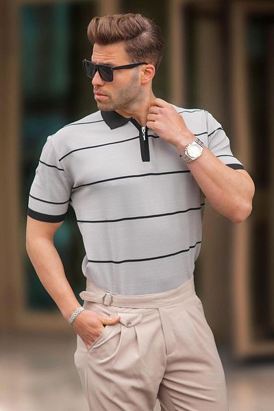 Madmext Grau gestreiftes T-Shirt mit Polokragen und Reißverschluss 6898