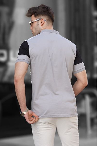 Madmext Grau lackiertes T-Shirt mit Polokragen und Streifen für Herren 5865