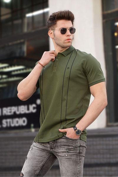 Madmext Men's Polo Neck Khaki Green T-Shirt 5822