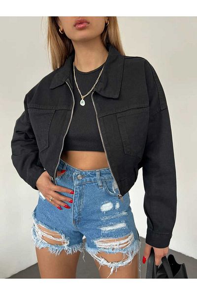 Zeliza Moda Evi Women's Zipper Closure Double Pocket Crop Jeans Jacket