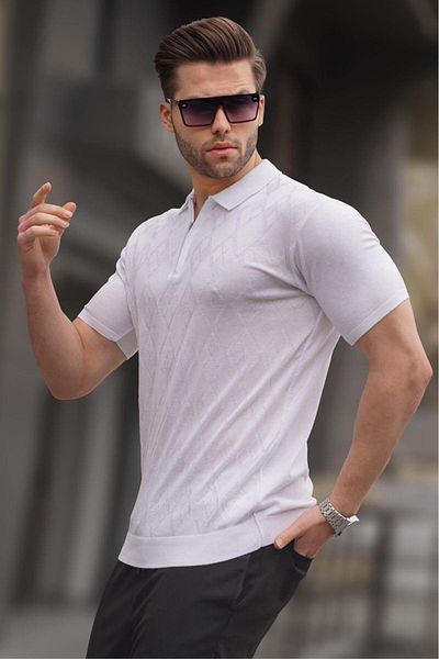 Madmext Gemustertes Strick-T-Shirt mit Polokragen in Weiß 6357