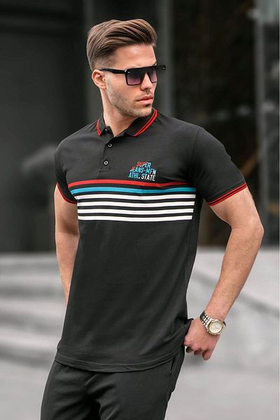 Madmext Schwarz gestreiftes T-Shirt mit Polokragen 5869