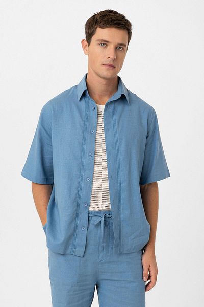 Antioch Blue Linen Blended Relaxed Men's Shirt
