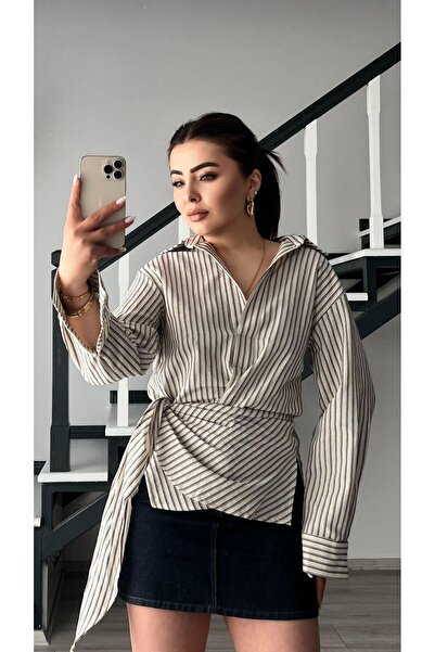 Oslove Bej - Lacivert Çizgili Bağlama Detay Keten Gömlek