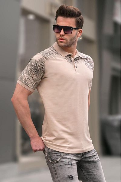 Madmext Ανδρικό μπλουζάκι Polo γιακά με μπεζ σχέδιο 6082