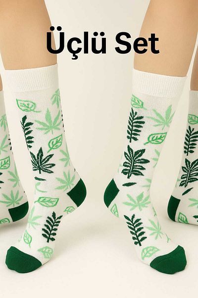 BS Parıltı White Green Leaf Patterned Cotton Socket Unisex Socks Set (3 Pieces)