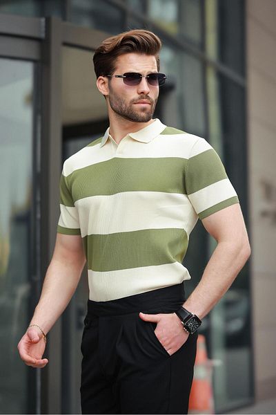 Madmext Ανδρικό πλεκτό μπλουζάκι Khaki Polo γιακά ριγέ E7411