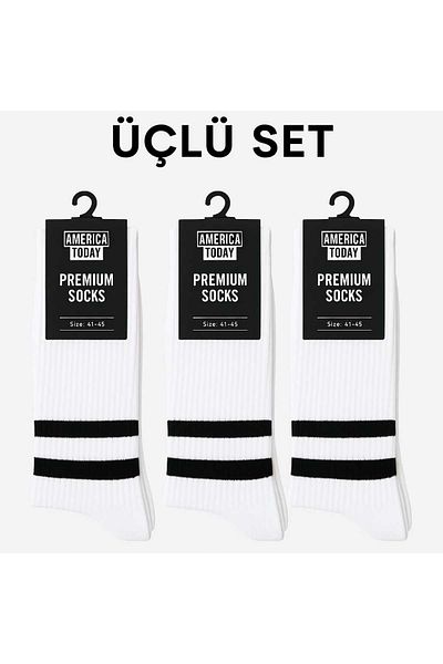 BS Parıltı White Black Striped Sports Socket Unisex Cotton Socks Set (3 Pieces)